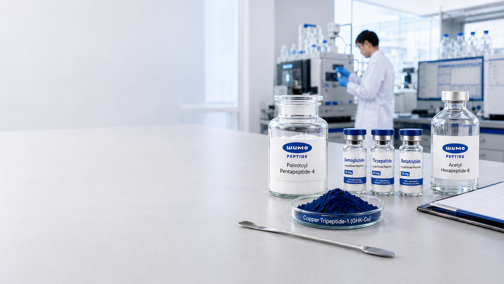 WUMO Peptide ingredients and lyophilized peptide vials displayed in a modern biotechnology laboratory