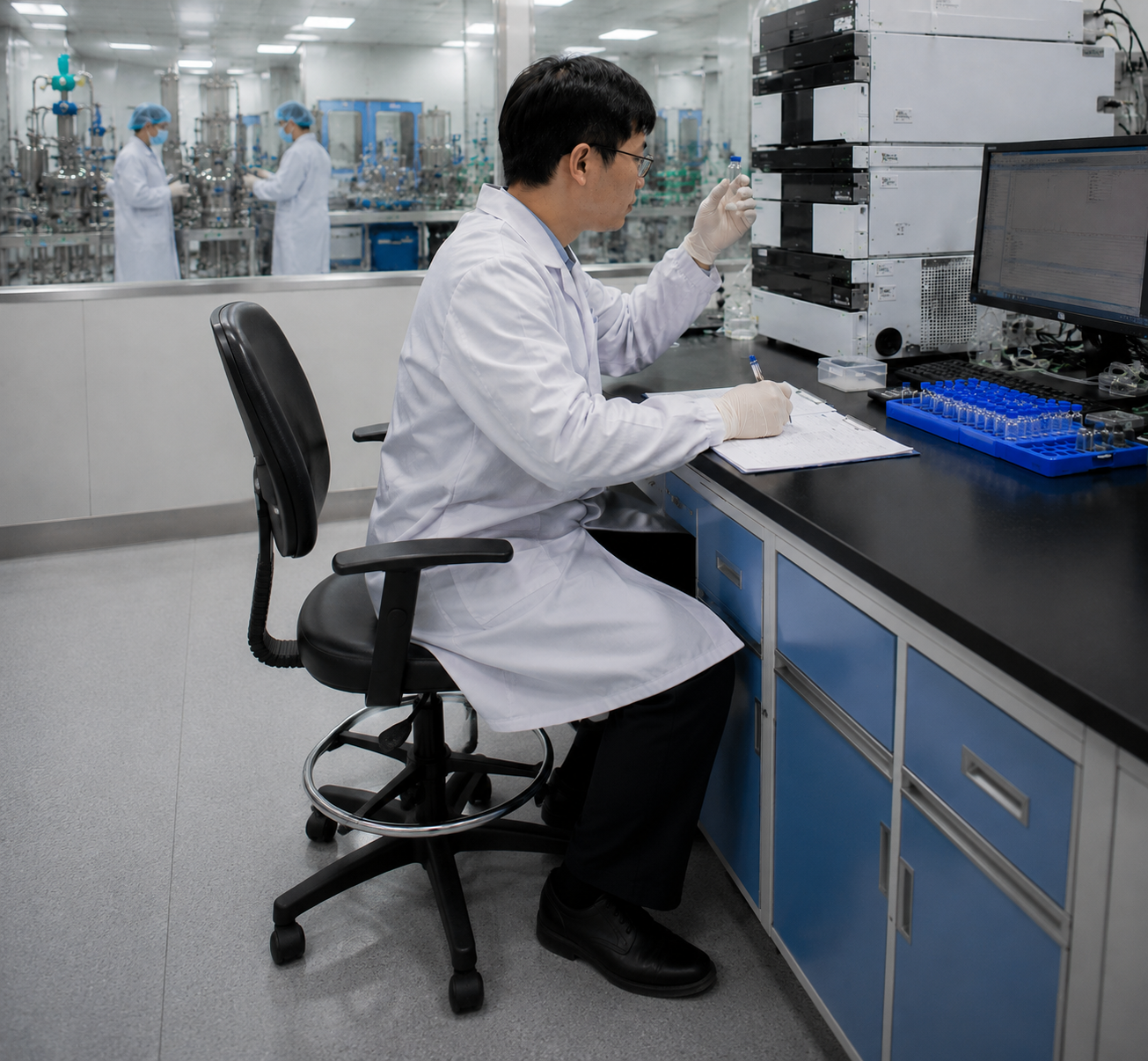 Peptide quality control specialist reviewing HPLC sample vials in a modern analytical laboratory