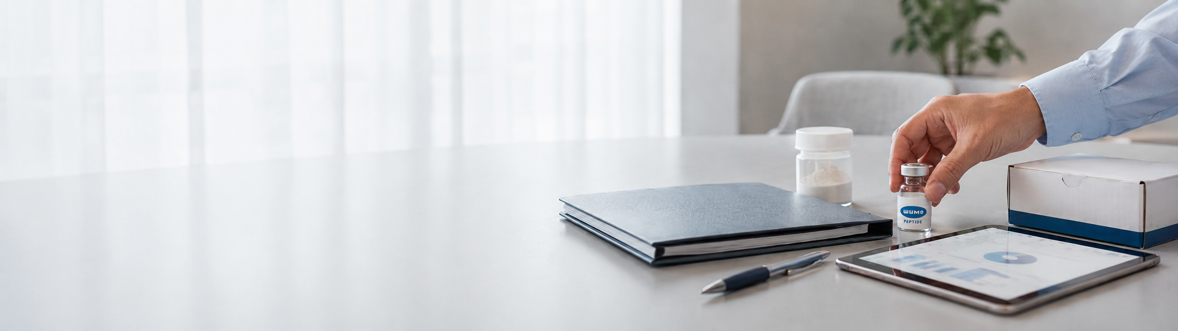 Peptide project review package with sample vial, technical files, tablet chart, and sourcing consultation materials