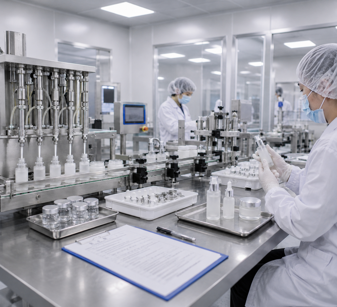 GMP cleanroom peptide manufacturing facility with vial filling and quality control process
