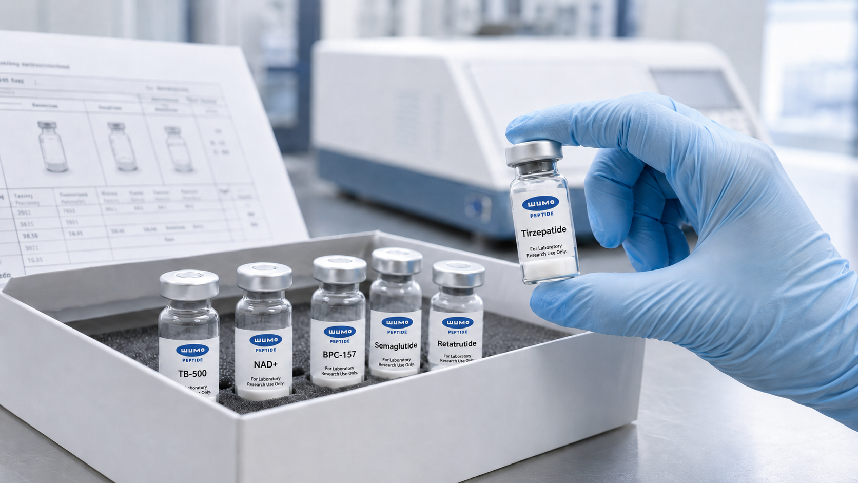 Gloved laboratory technician inspecting lyophilized peptide vials during quality and packaging evaluation